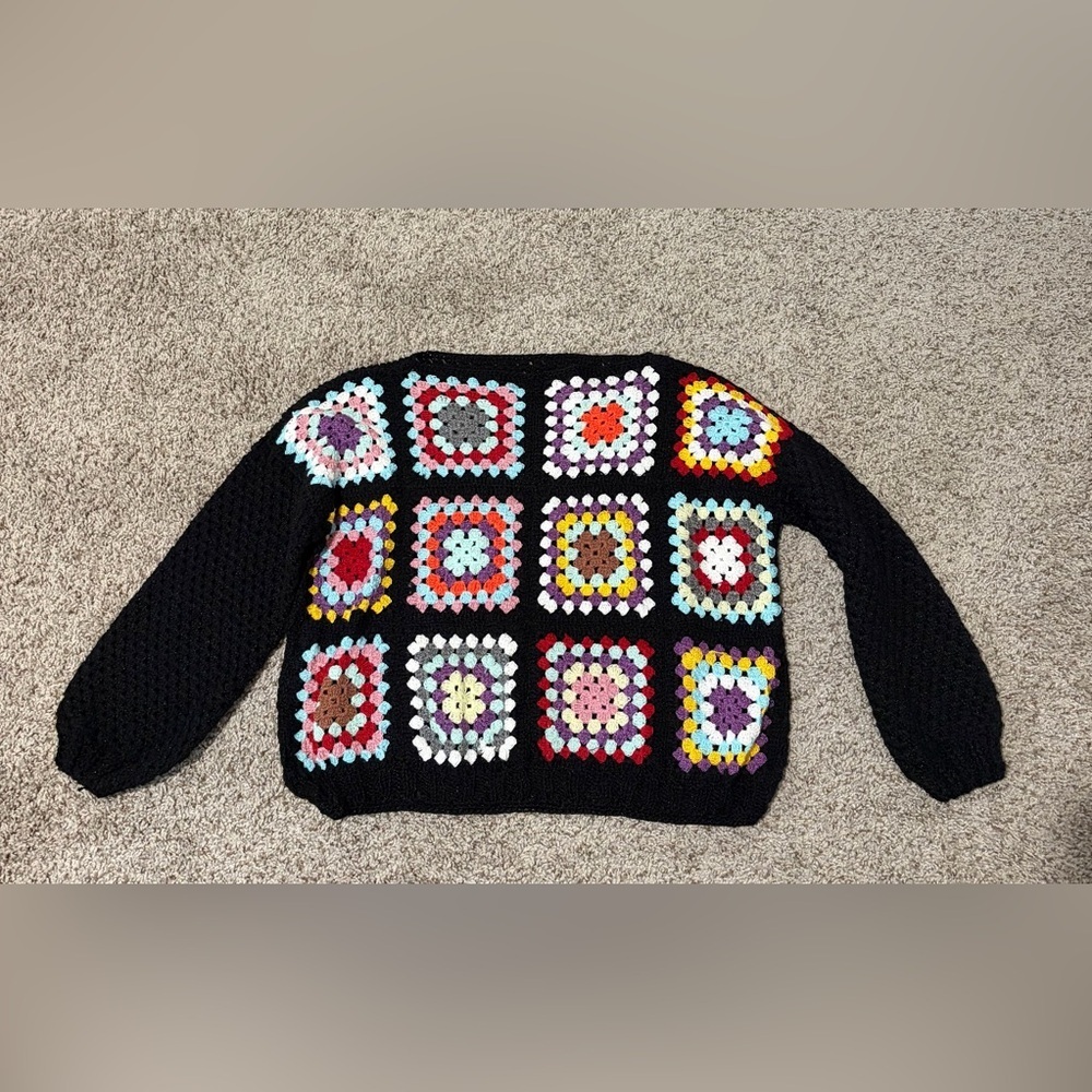 Black Crochet Granny-Square Crewneck Sweater
